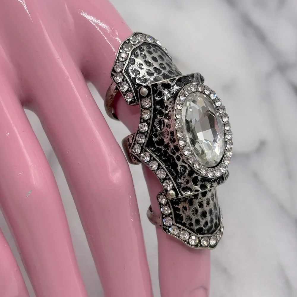 Antique Silver Tone & Crystal‎ FINGER Knuckle Ring